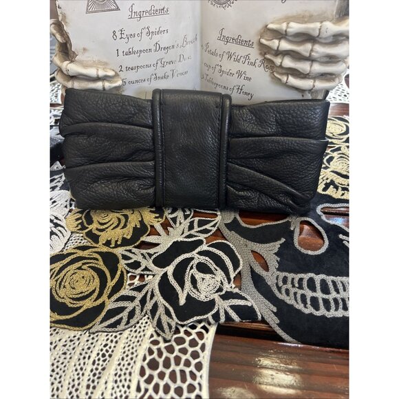 Banana Republic Bow Leather Clutch Womens Small Bag Black Leather Evening Purse - Picture 2 of 12